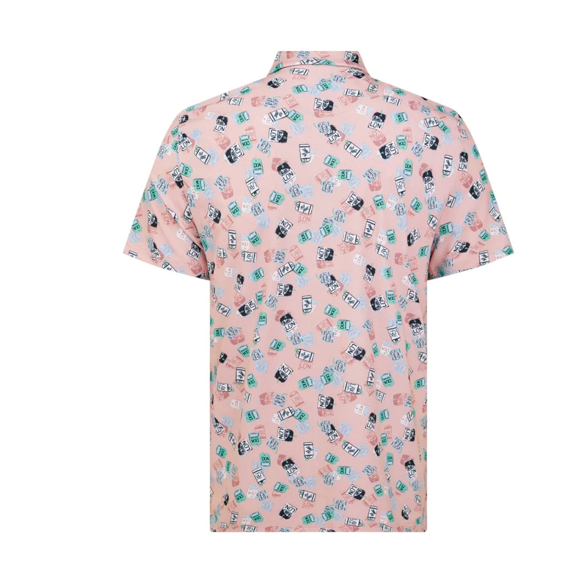 PN MENS SHIRT- POLO SS ALL OVER PETES TRAVEL TAGS PRINT POLO CHARM PINK L