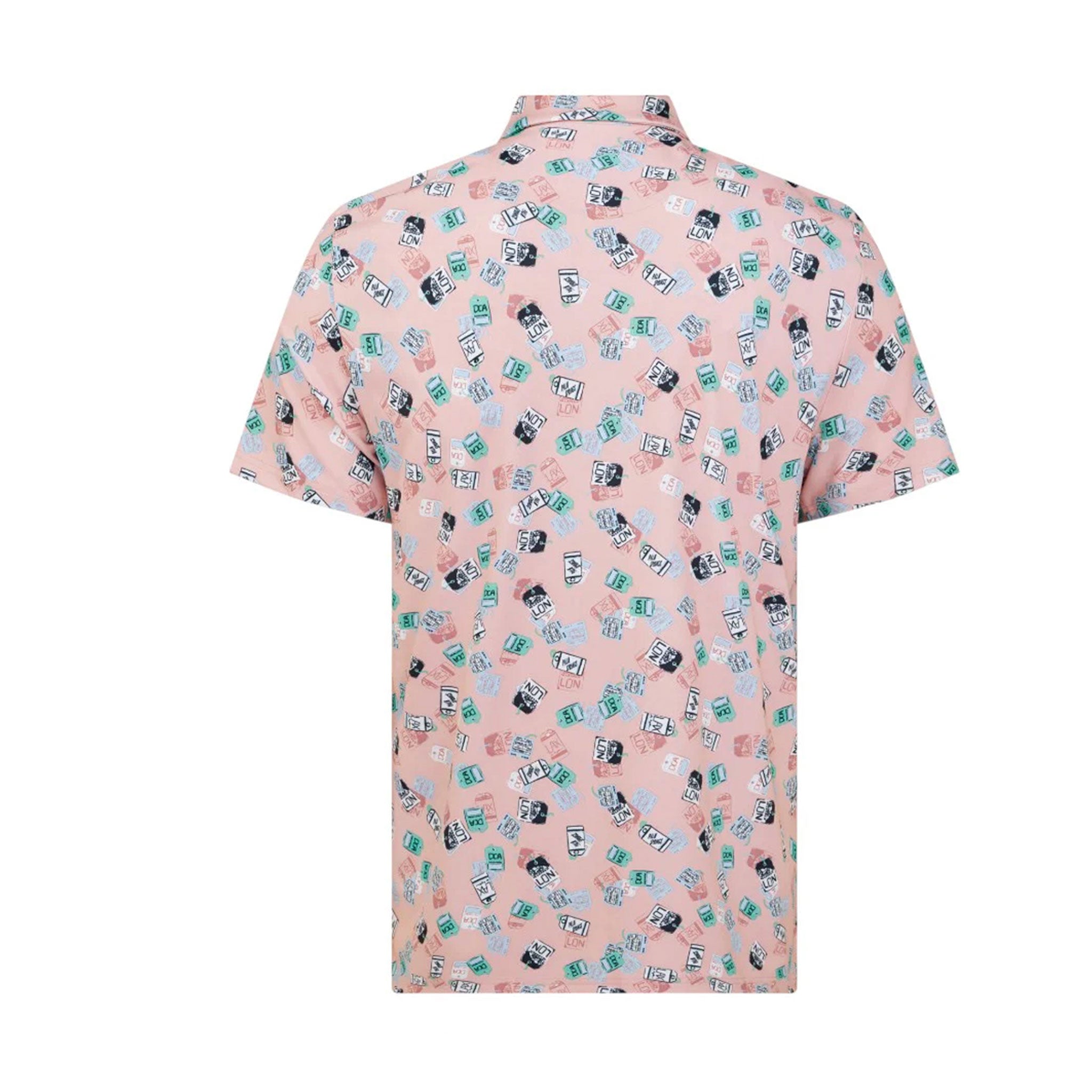 PN MENS SHIRT- POLO SS ALL OVER PETES TRAVEL TAGS PRINT POLO CHARM PINK L