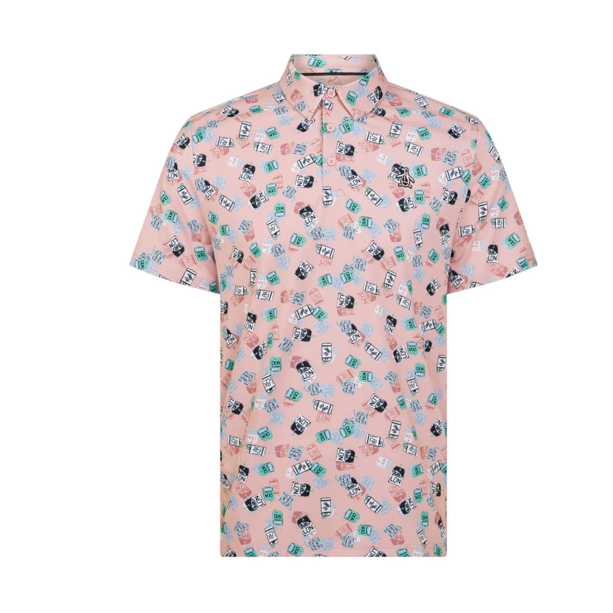 PN MENS SHIRT- POLO SS ALL OVER PETES TRAVEL TAGS PRINT POLO CHARM PINK L