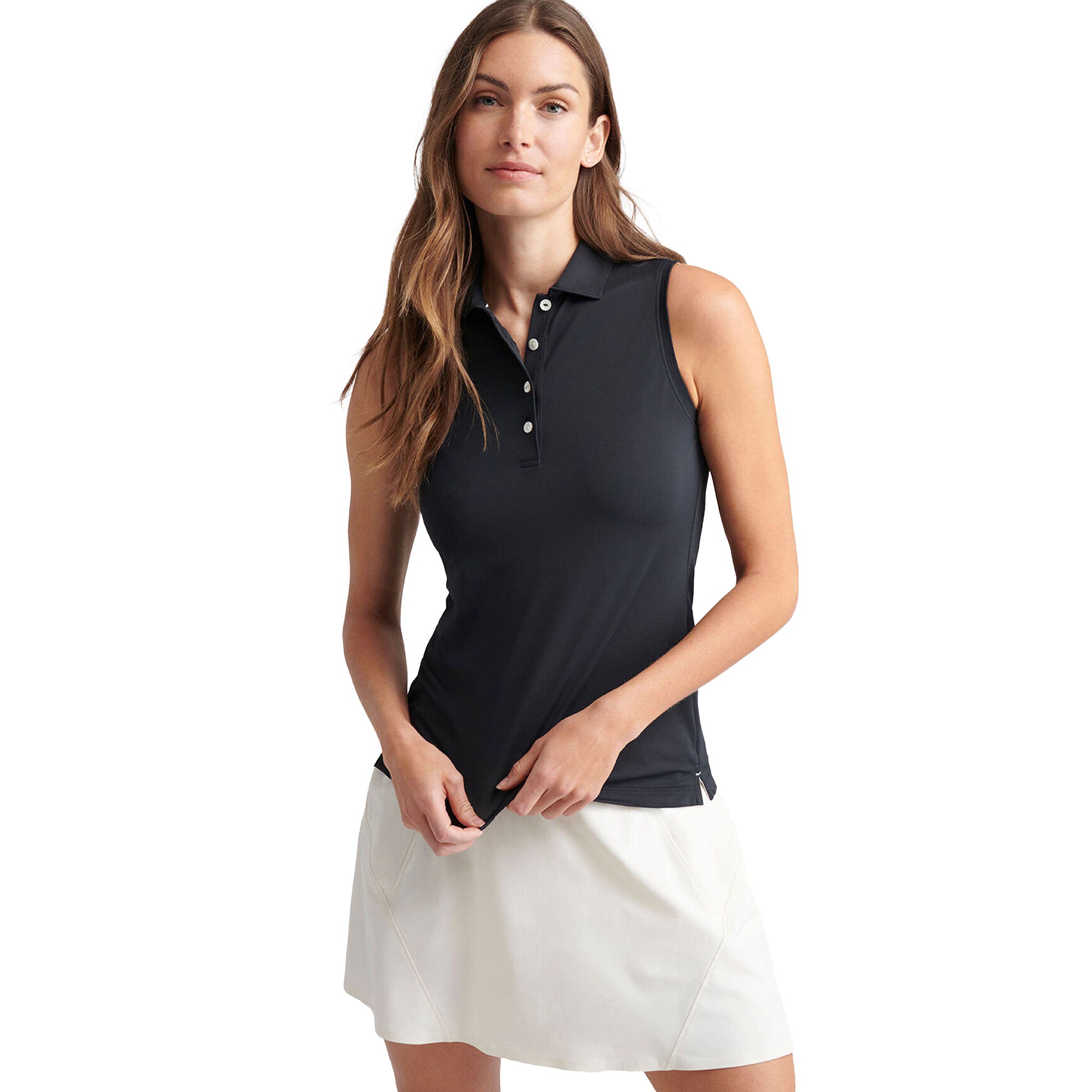 PM LATTICE BLOSSOM BANDED SPORT MESH SLEEVELESS BUTTON POLO NAVY / L
